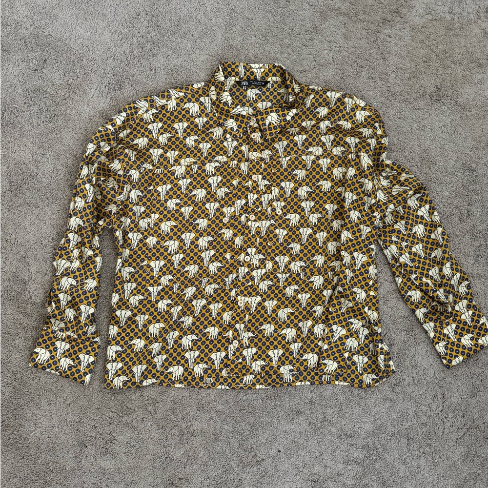 Zara Yellow, White and Brown Printed Button-Down Shirt - Picture 4 of 8